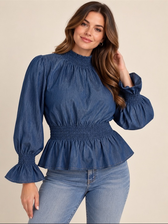 Ashley Stewart Tops - Ashley Stewart Denim Peplum Top Smocked Neck Puff Sleeves Blue Size 12/16
